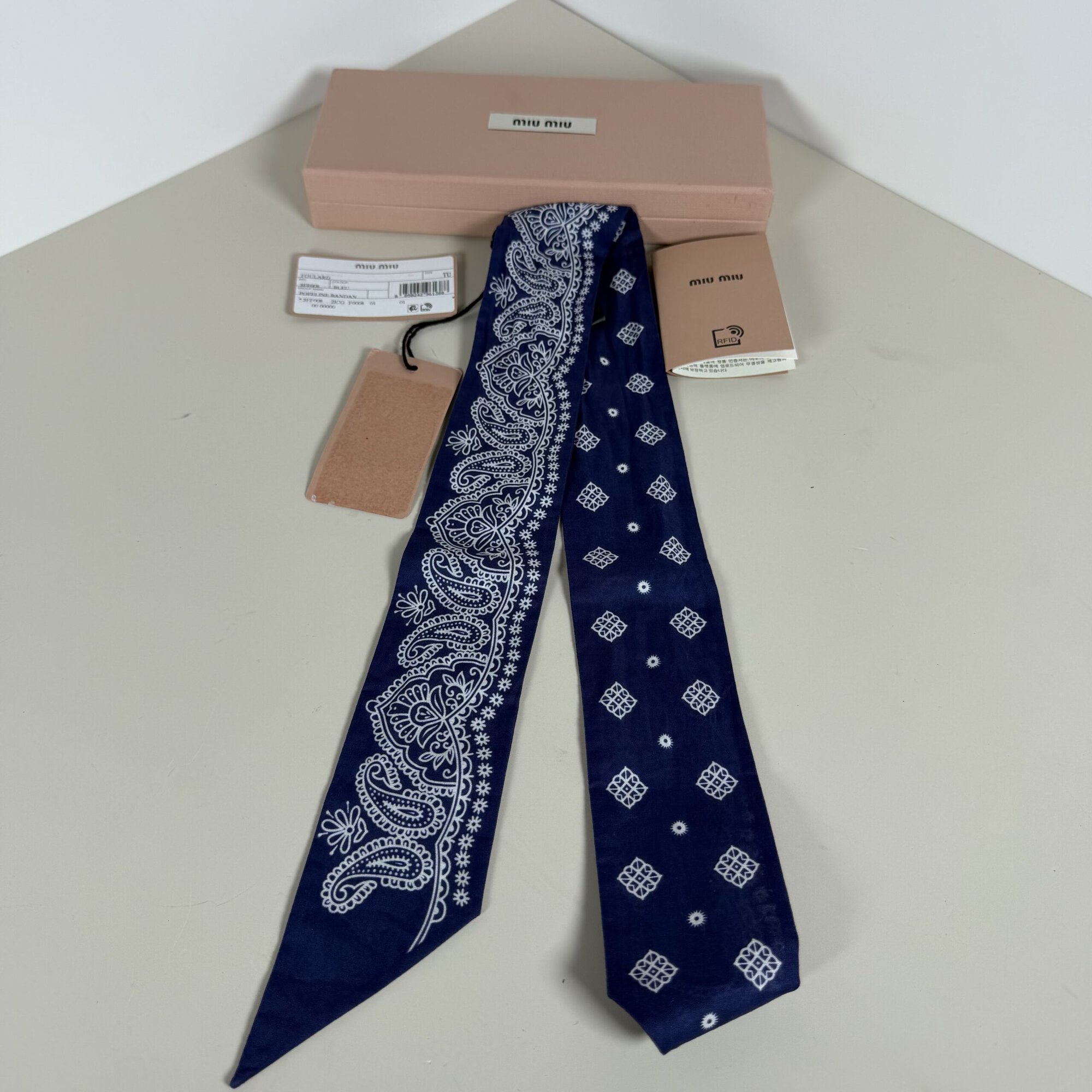 Miu Miu Bandana Print Poplin Skinny Scarf Blue White NWT