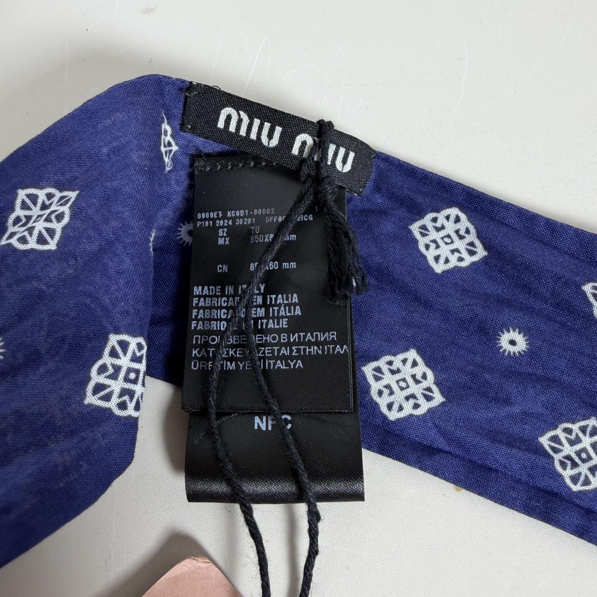 Miu Miu Bandana Print Poplin Skinny Scarf Blue White NWT, additional view 2
