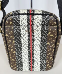Front close-up of Burberry crossbody showing TB monogram and vertical stripe
