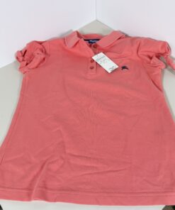 Full front view of coral short-sleeve polo shirt with Peter Pan collar and button placket